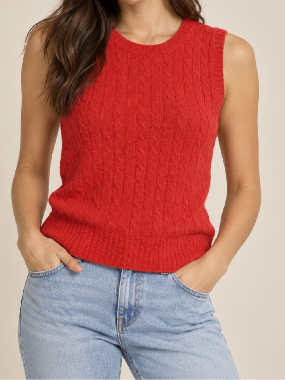 J. Crew Wool Cashmere Cable Knit Sleeveless Crew Sweater Vest Coral Red Medium